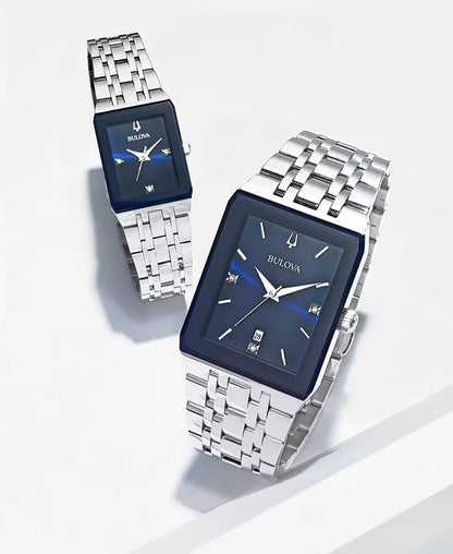 Bulova Men's Diamond-Accent Stainless Steel Watch, Blue Dial